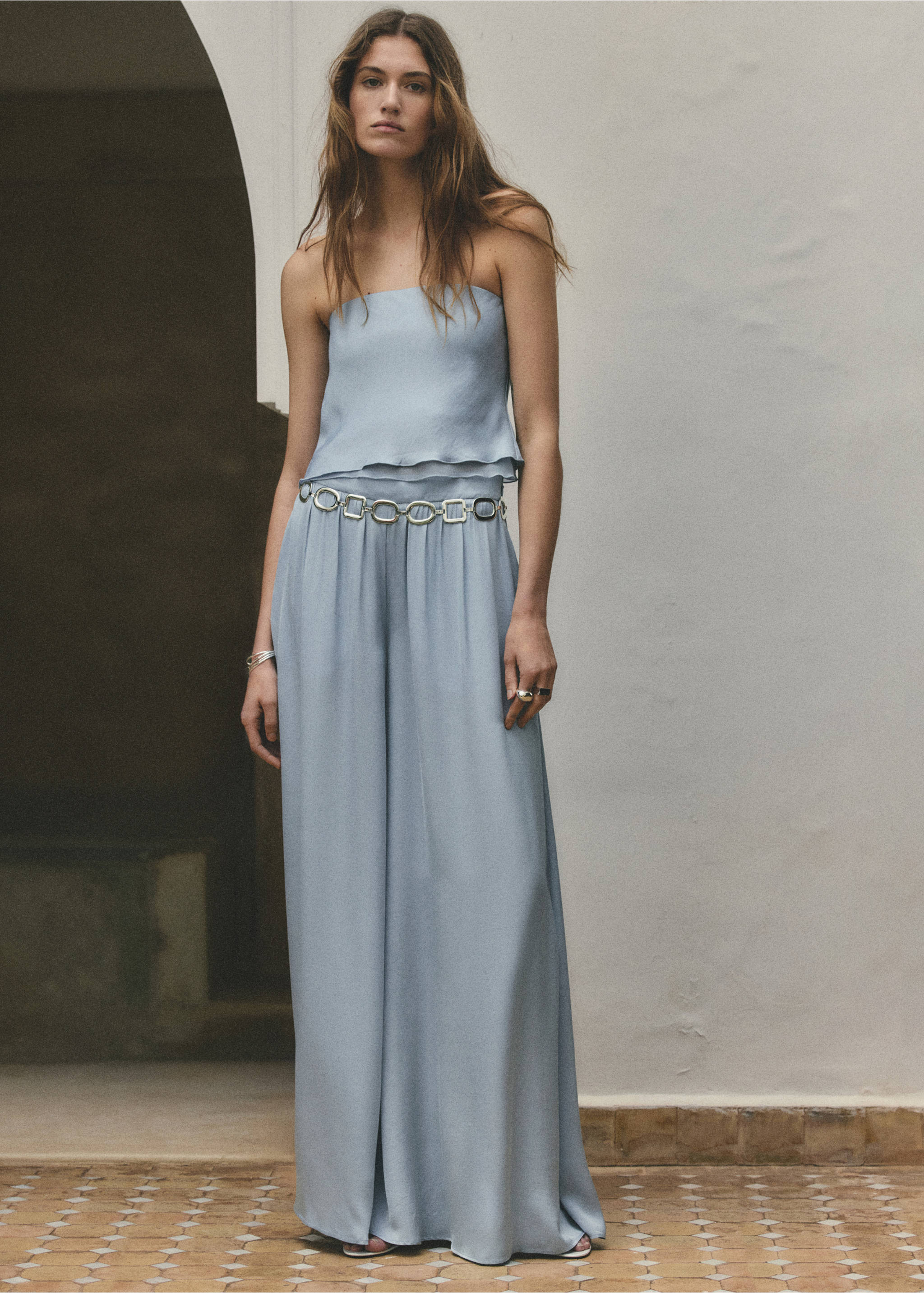 High-waist straight trousers - General plane, Sky Blue. Ref: 27027946-00.