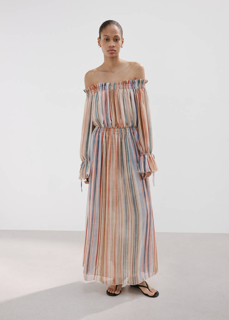 Striped strapless dress — Ecru
