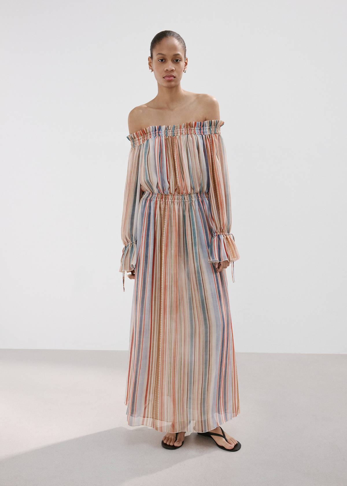 Striped strapless dress — Ecru