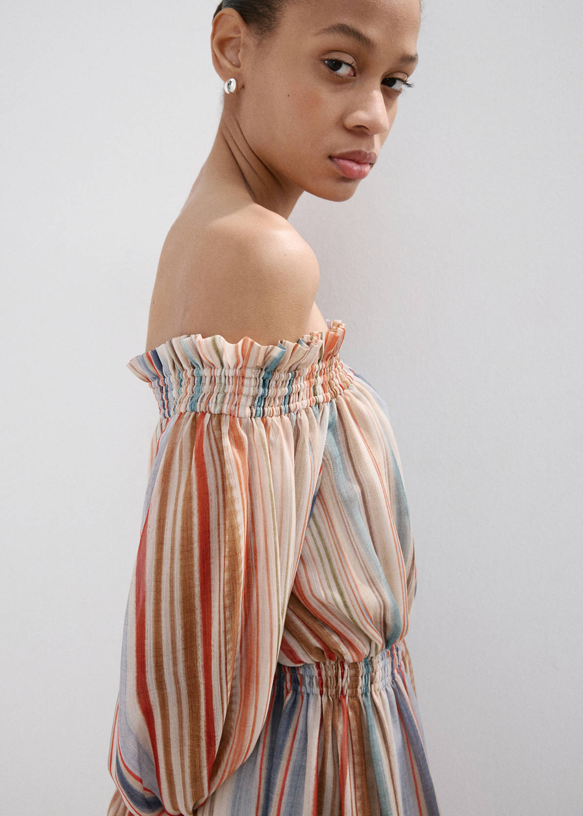Striped strapless dress — Ecru