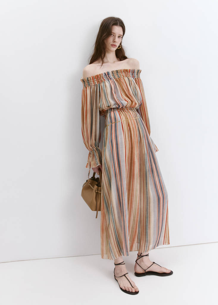 Striped strapless dress — Ecru