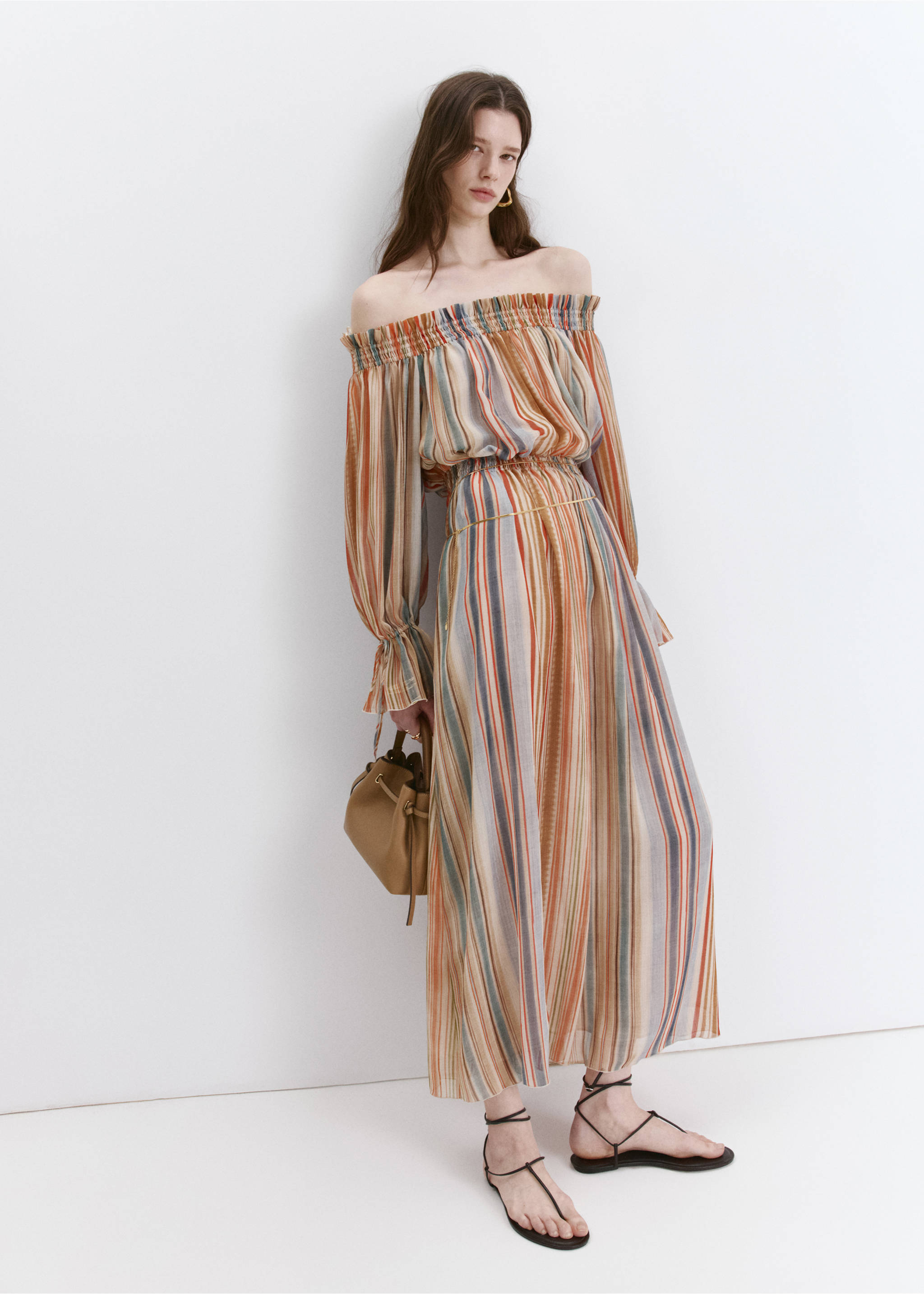 Robe rayée bustier - Plan général, Écru. Ref: 27027947-01.