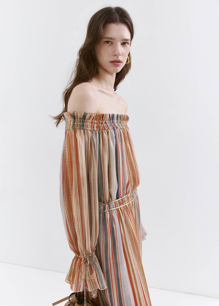 Striped strapless dress — Ecru