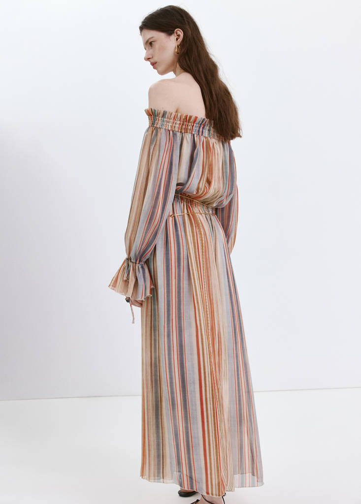 Striped strapless dress — Ecru