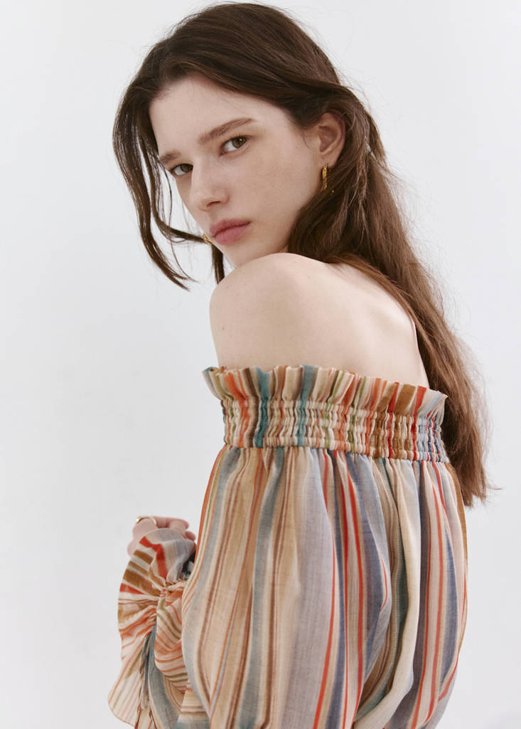 Striped strapless dress — Ecru