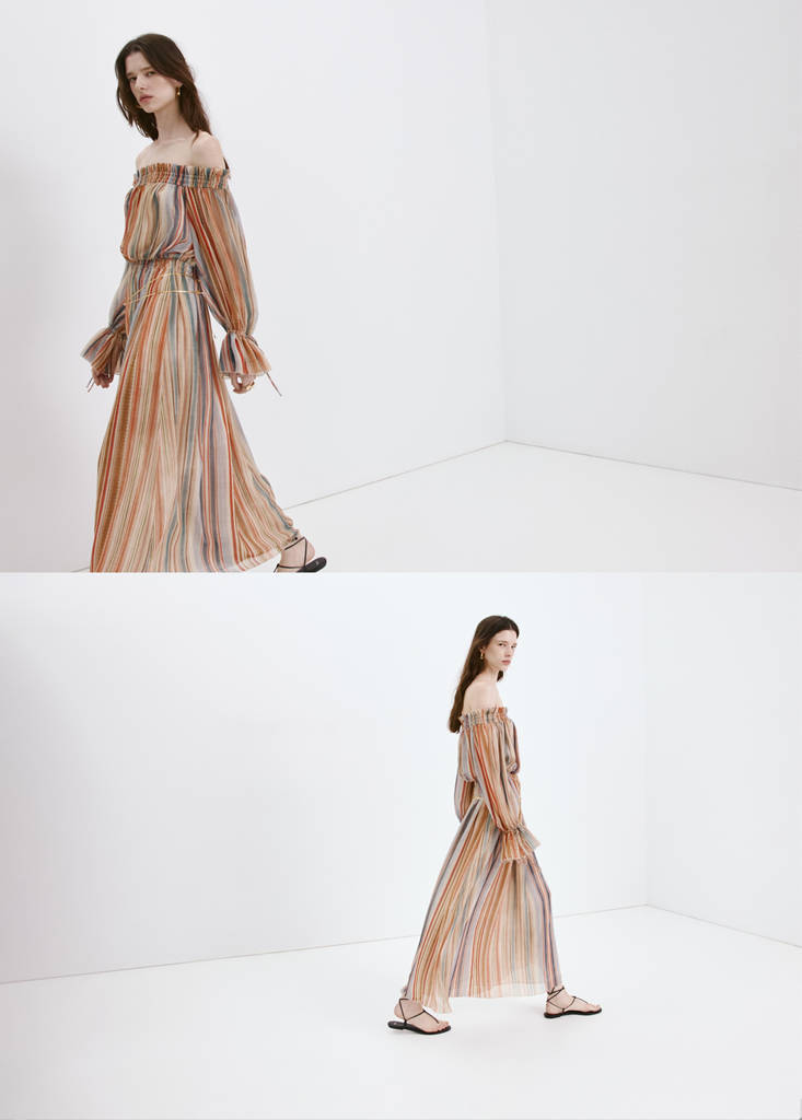 Striped strapless dress — Ecru