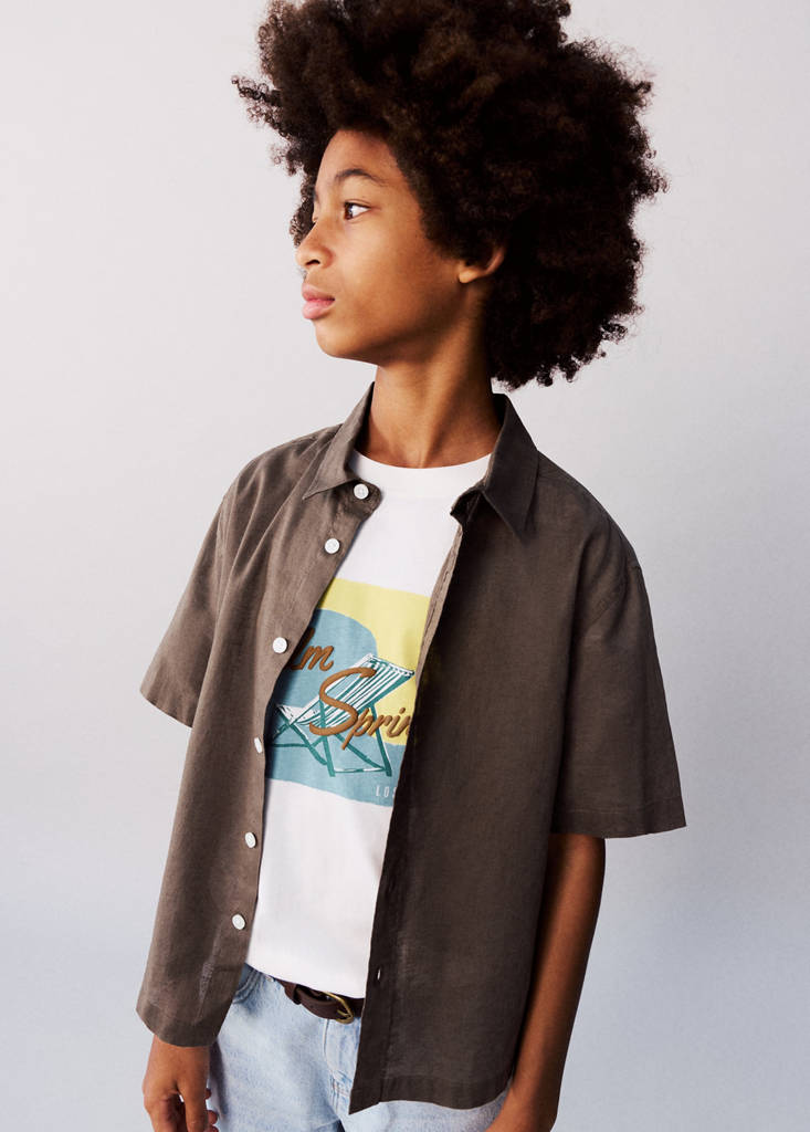 Short sleeve linen-blend shirt — Brown
