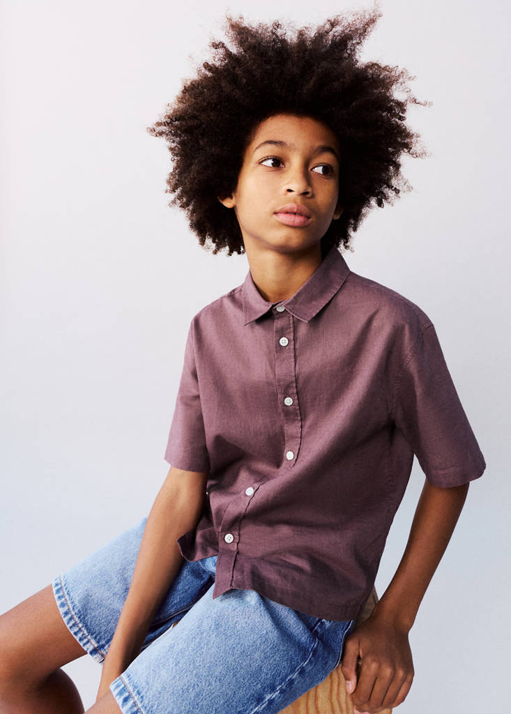 Short sleeve linen-blend shirt — Purple