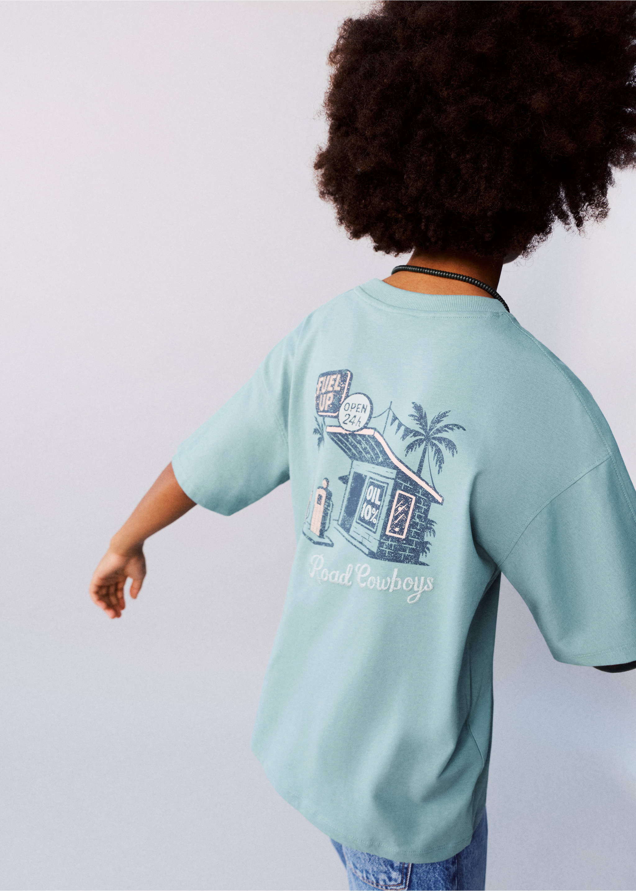 T-shirt en coton imprimé - Plan moyen, Turquoise. Ref: 27028272-00.