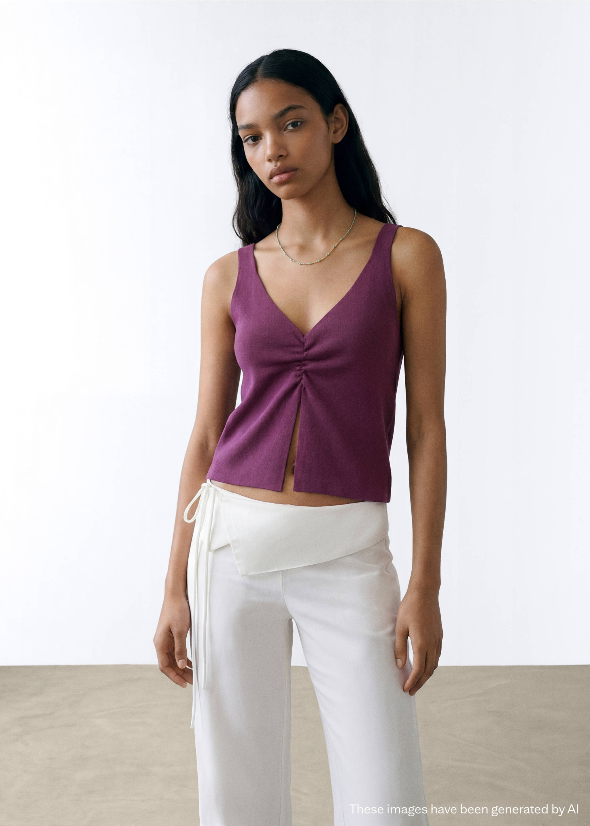 Top algodón detalle fruncido - Plano medio, Púrpura. Ref: 27028658-00.