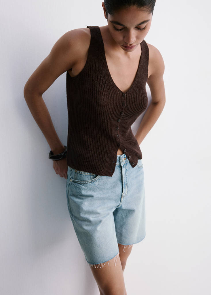 Straight low-rise denim Bermuda shorts — Medium Blue
