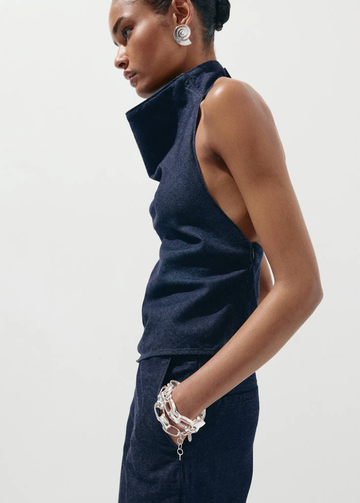 Open-back denim top — Open Blue