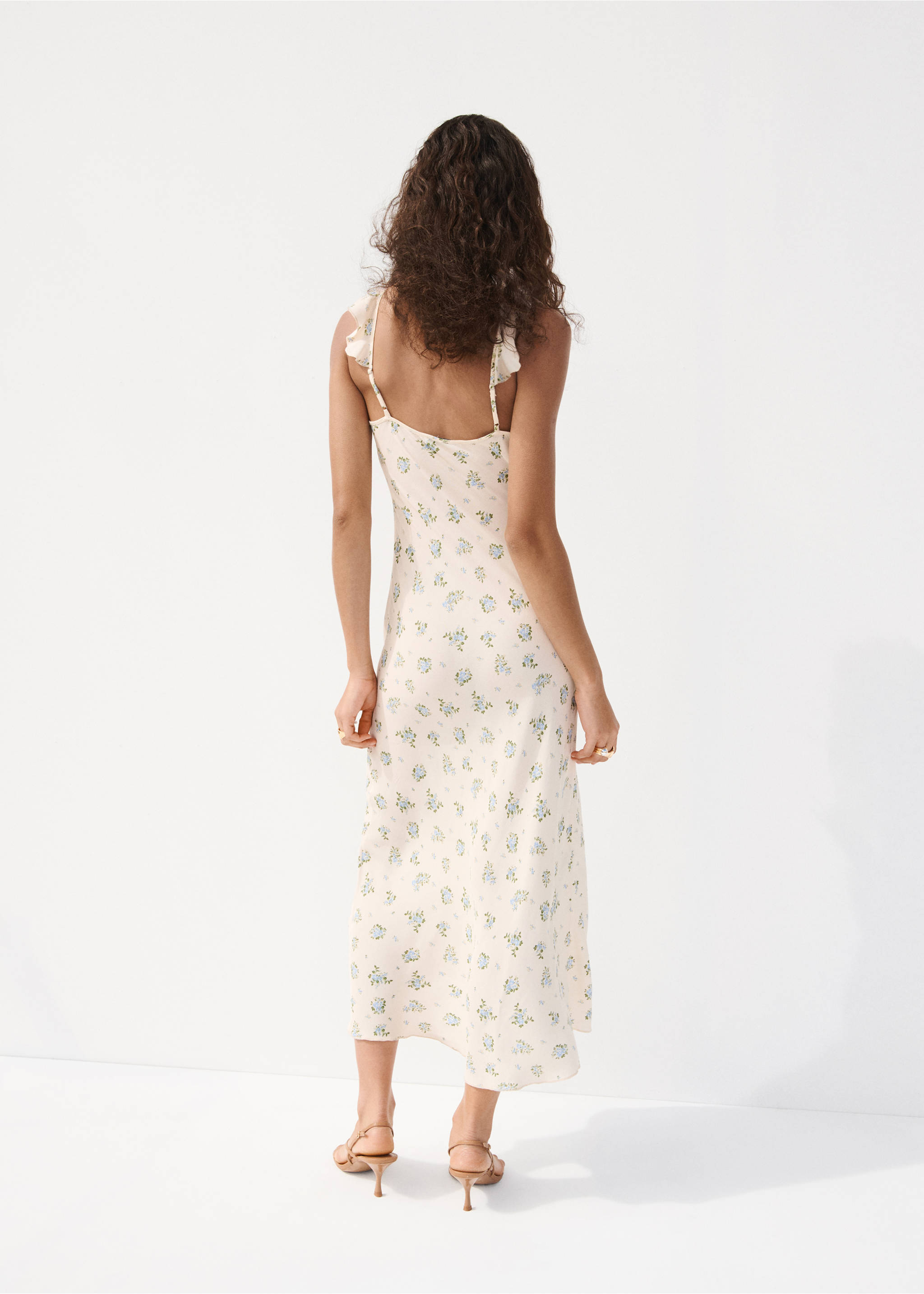 Midi-dress with ruffle neckline - Reverse of the article, Ecru. Ref: 27029062-00.