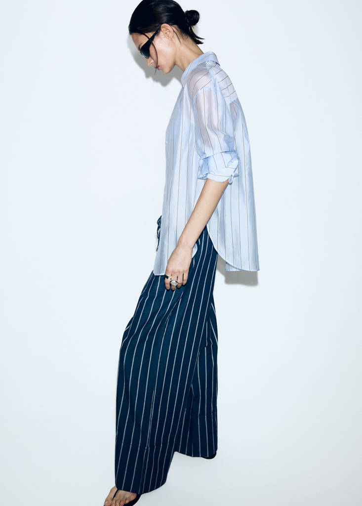 Turn-up hem striped trousers — Open Blue