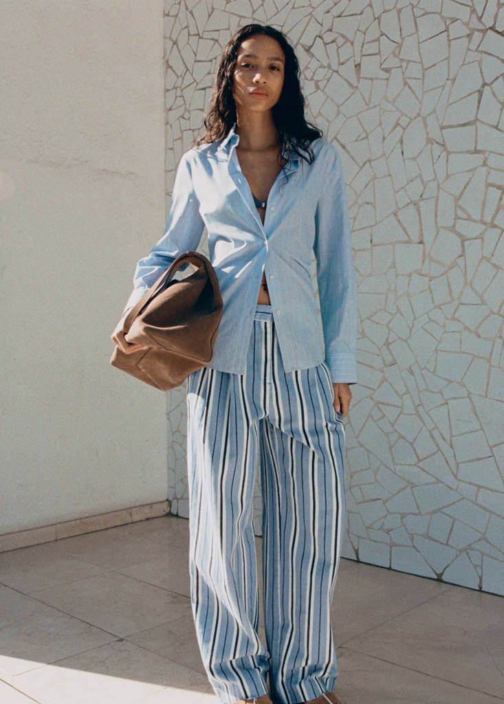 Mango Wide Leg Striped Jeans In Blue
