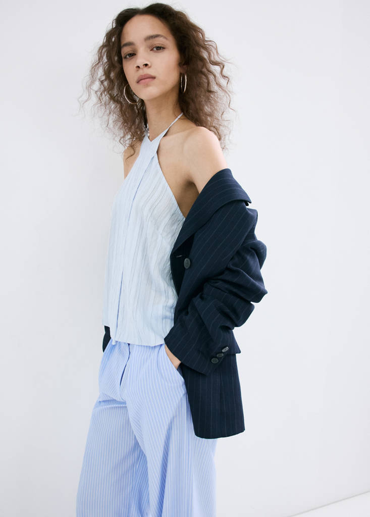 Pinstripe lyocell trousers — Blue