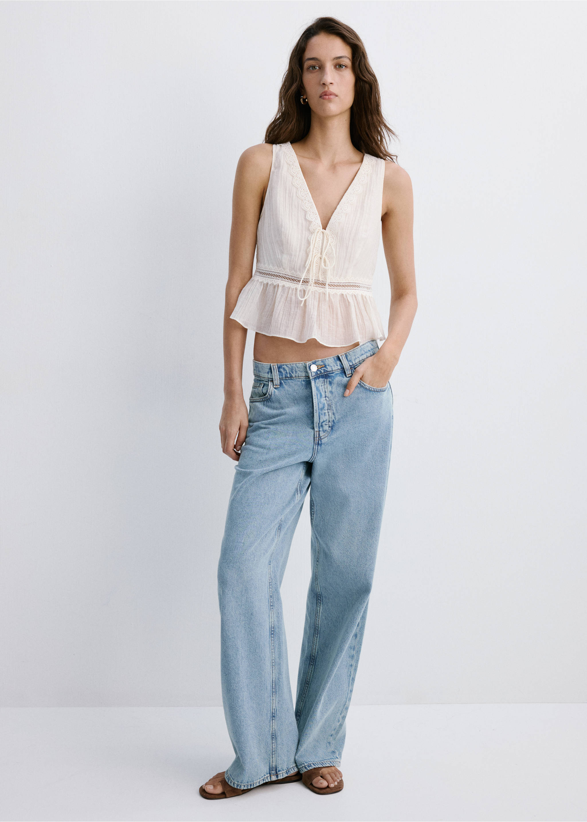 Lyocell top with contrasting trim - General plane, Ecru. Ref: 27029078-00.