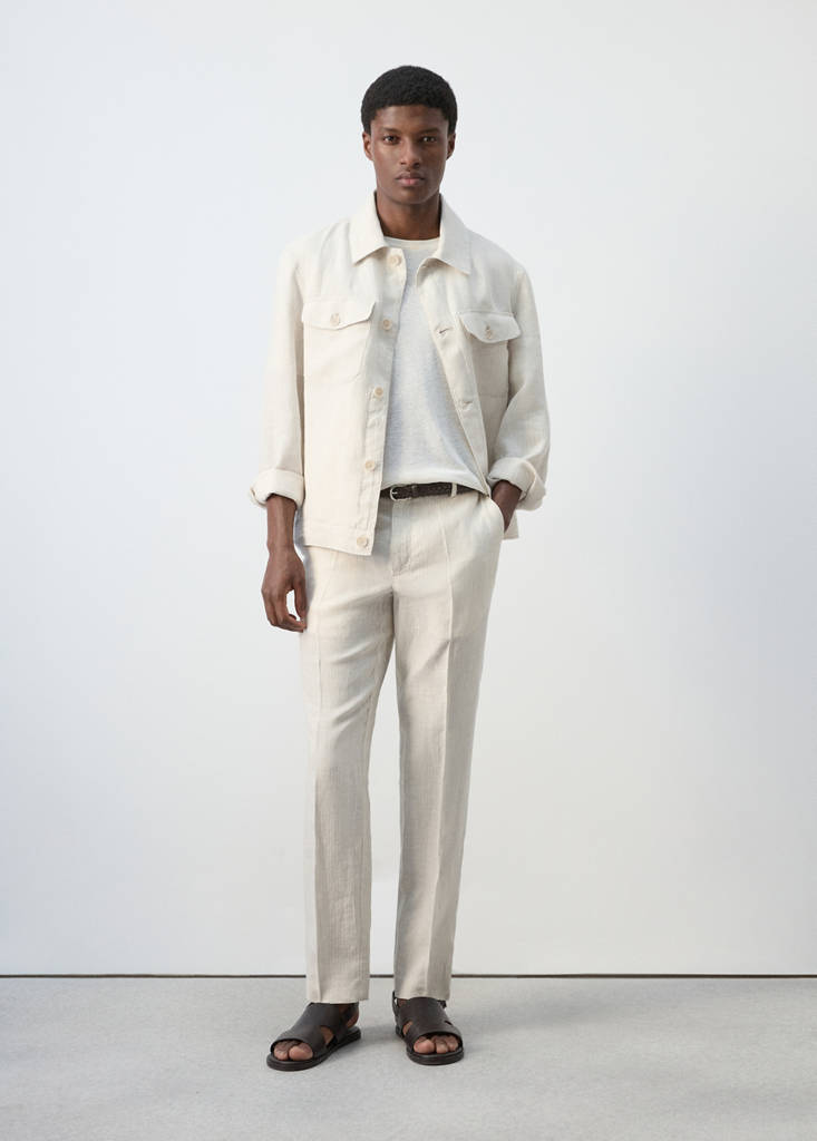 Regular fit 100% linen striped trousers — Ecru