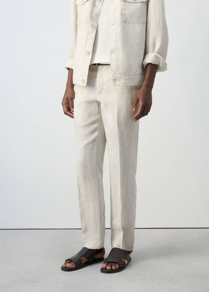Regular fit 100% linen striped trousers — Ecru