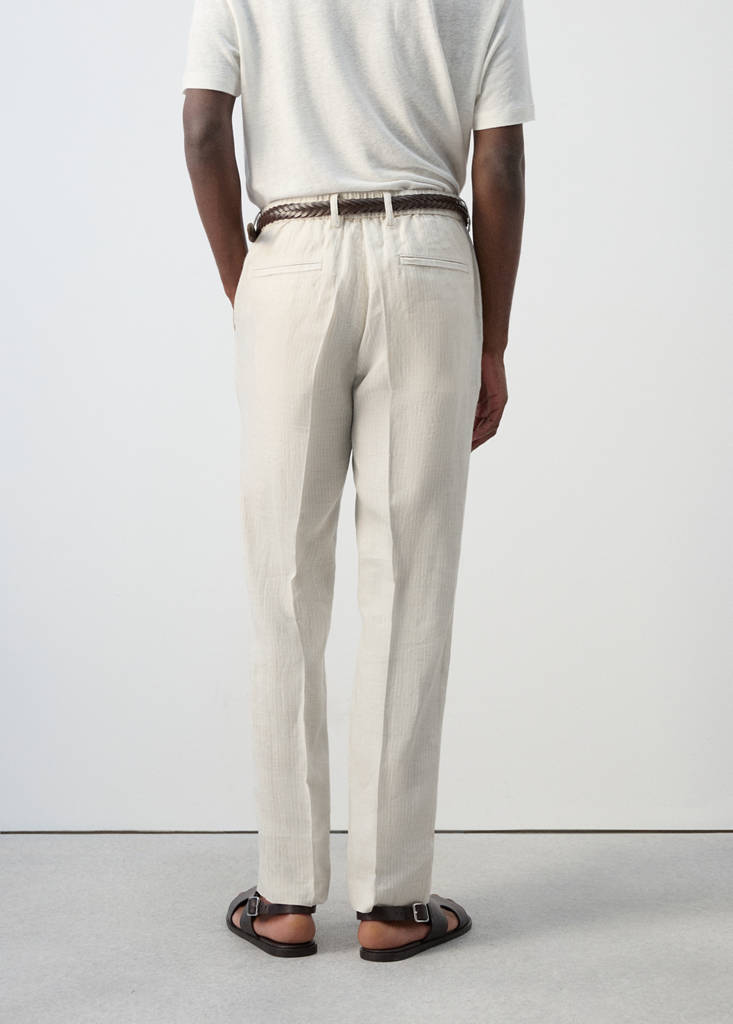 Regular fit 100% linen striped trousers — Ecru