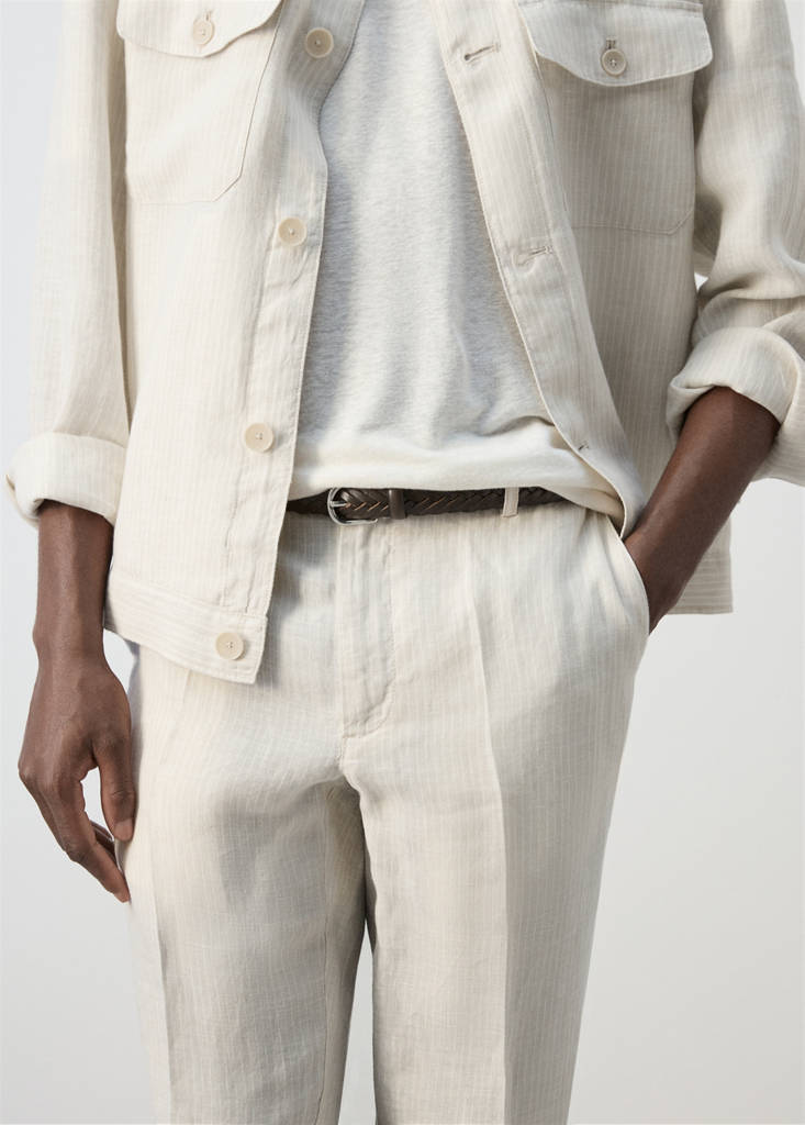 Regular fit 100% linen striped trousers — Ecru