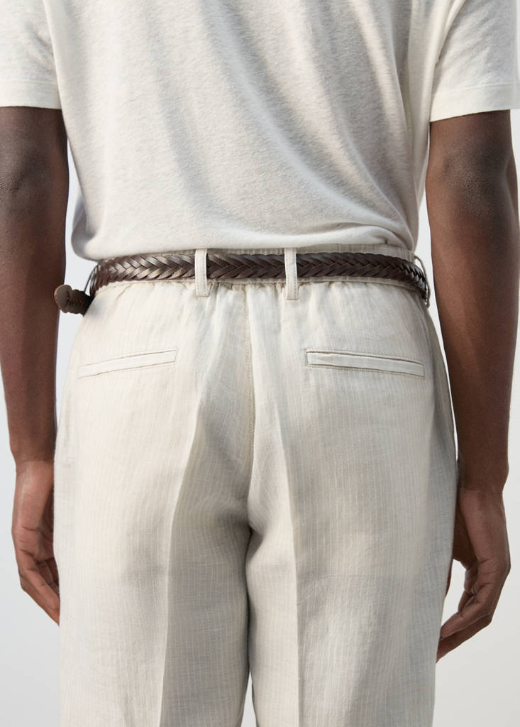 Regular fit 100% linen striped trousers — Ecru