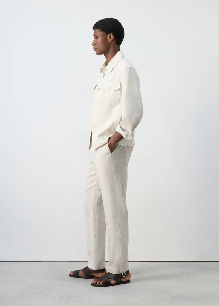 Regular fit 100% linen striped trousers — Ecru