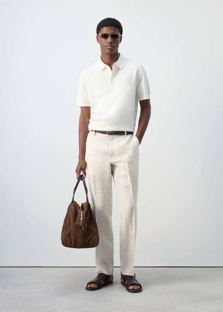 Regular fit 100% linen striped trousers — Ecru