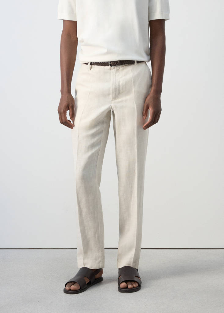 Regular fit 100% linen striped trousers — Ecru