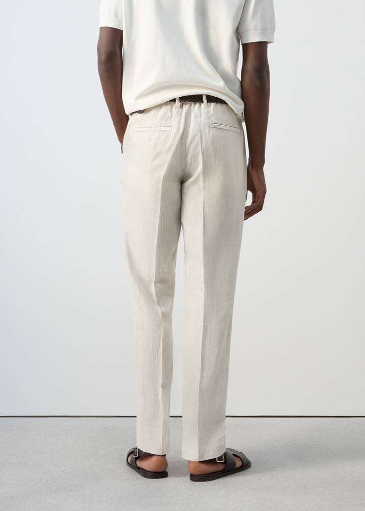 Regular fit 100% linen striped trousers — Ecru