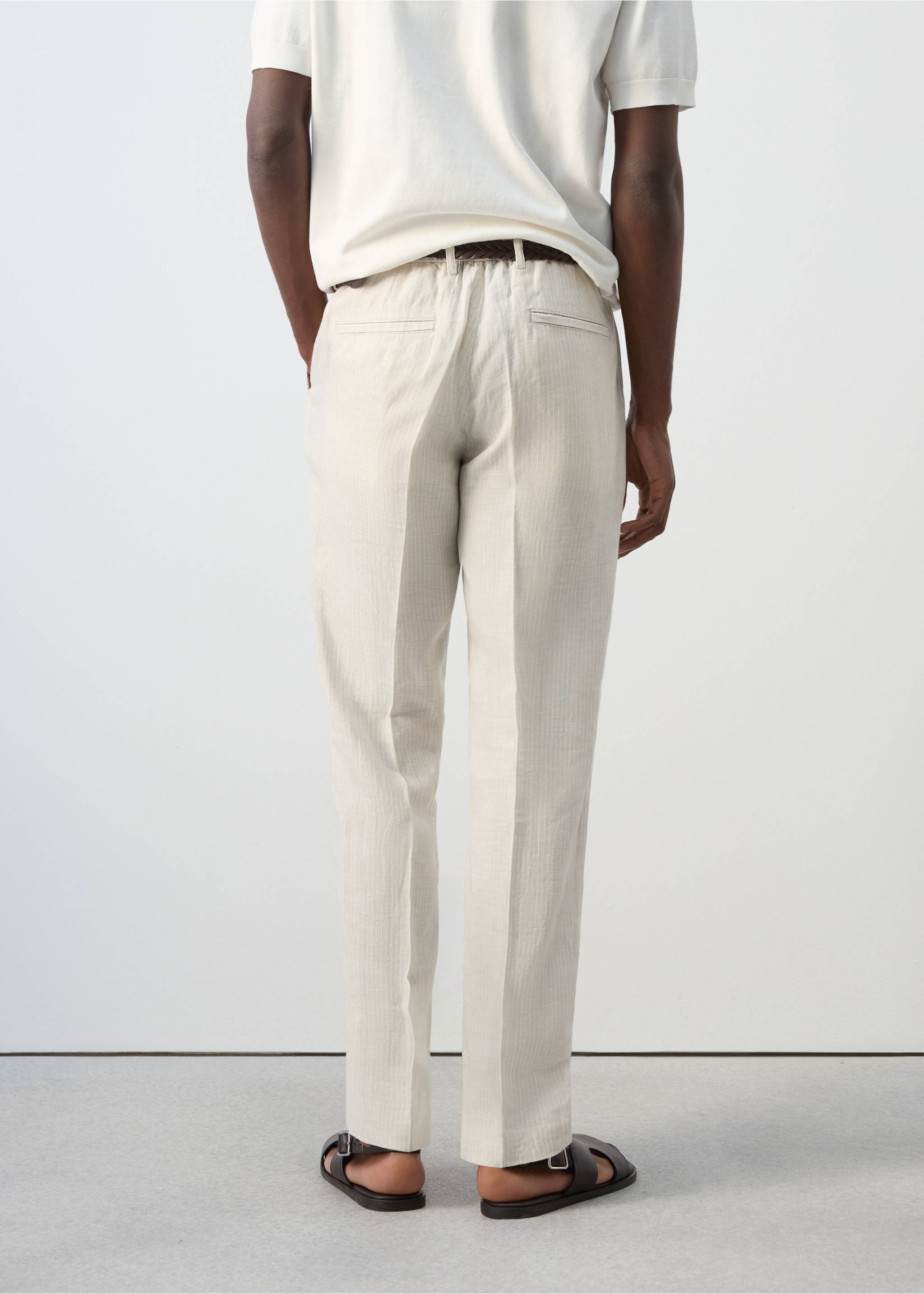 Pantalon 100 % lin à rayures - Verso de l’article, Écru. Ref: 27029206-01.