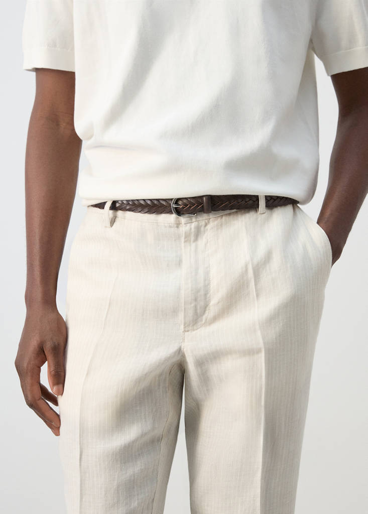 Regular fit 100% linen striped trousers — Ecru