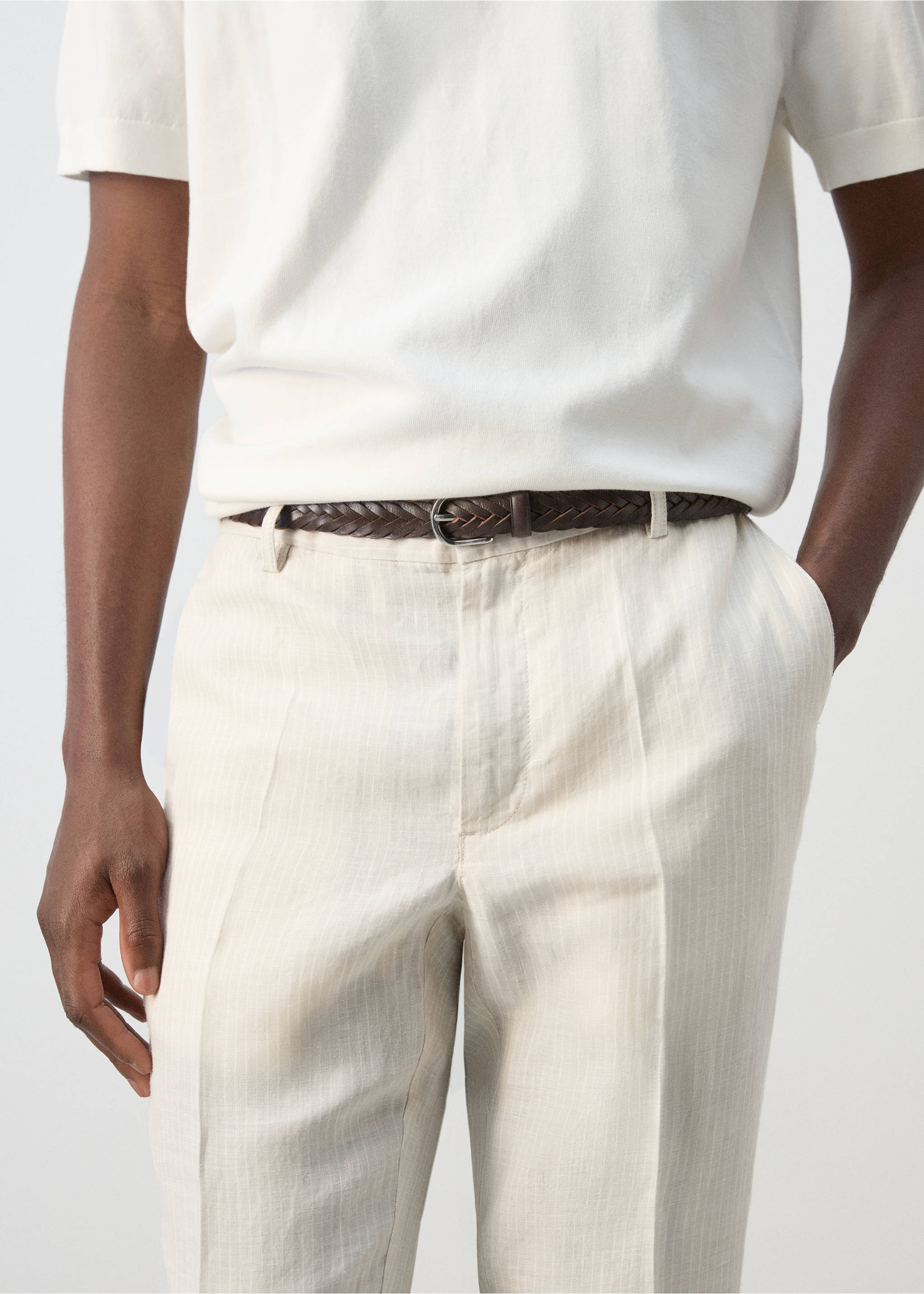 Pantalon 100 % lin à rayures - Détail de l'article 1, Écru. Ref: 27029206-01.