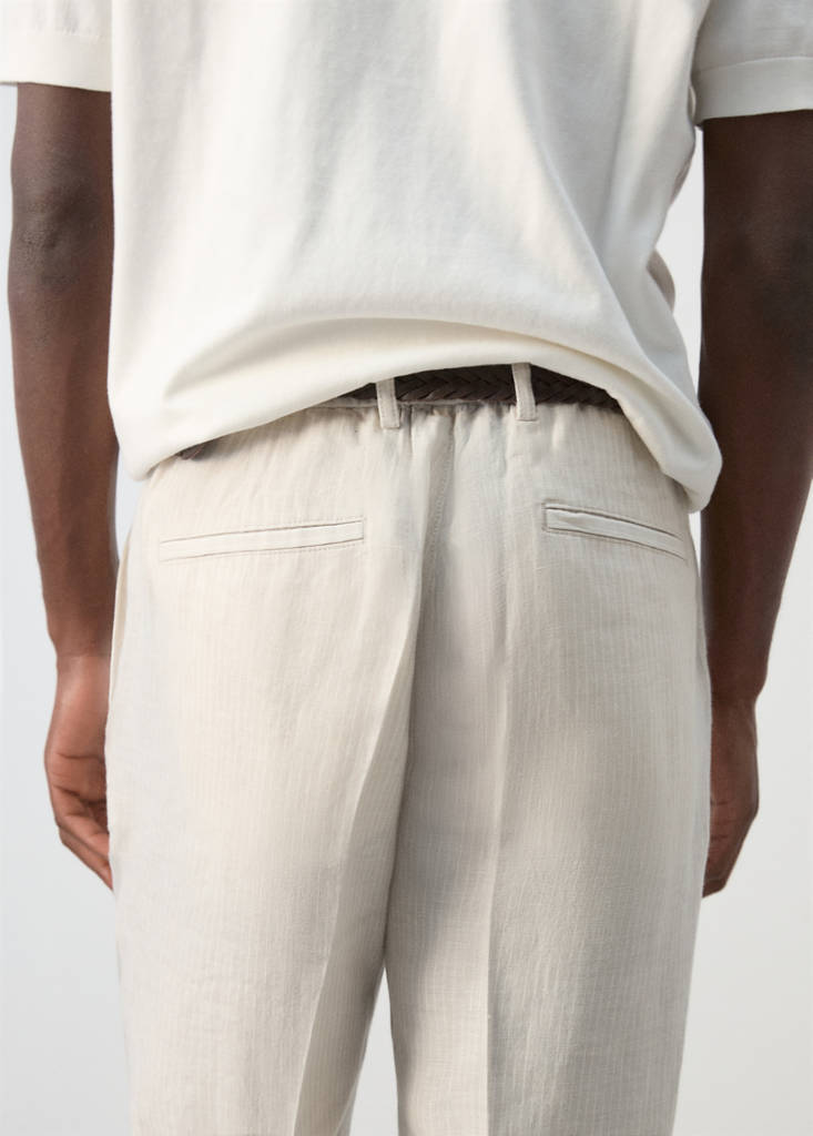 Regular fit 100% linen striped trousers — Ecru