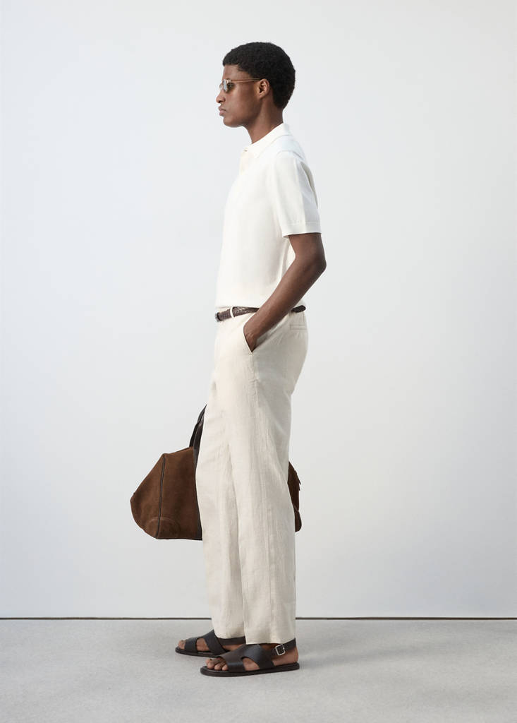 Regular fit 100% linen striped trousers — Ecru