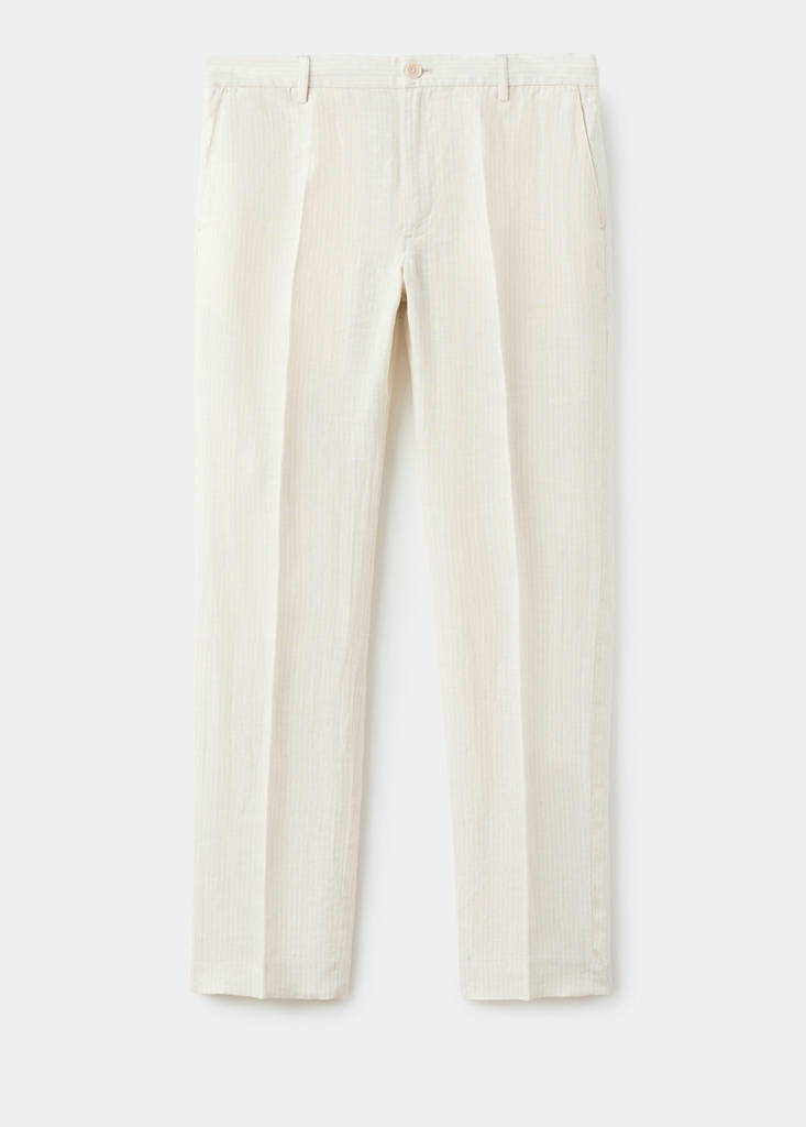 Regular fit 100% linen striped trousers — Ecru