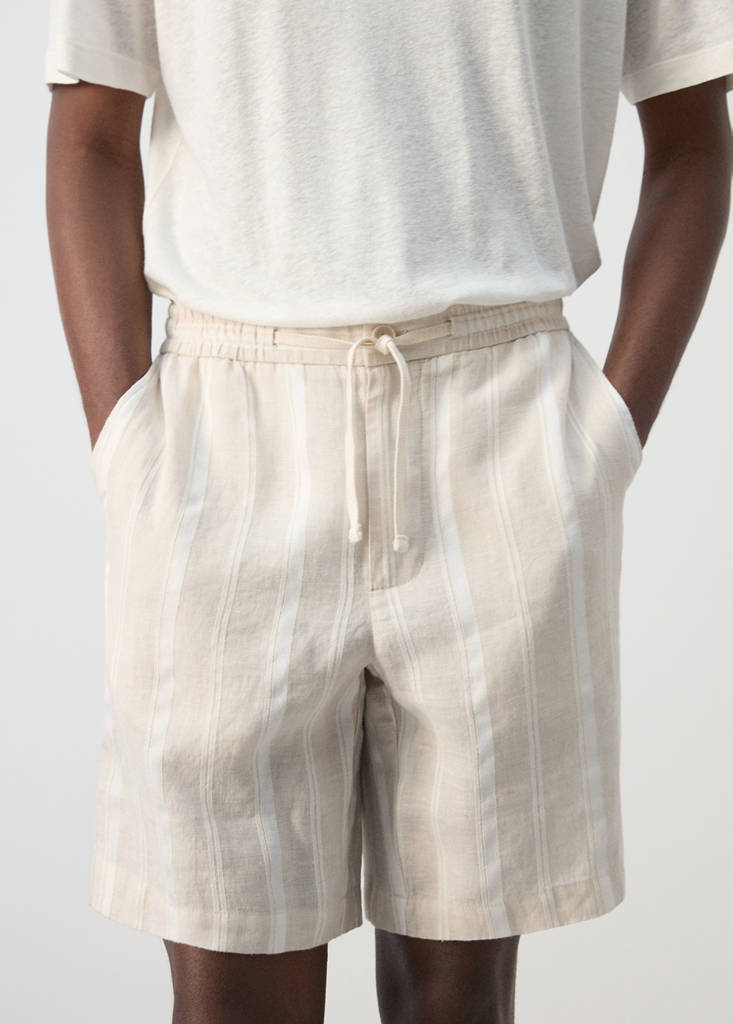 Striped linen-blend Bermuda shorts — Ecru