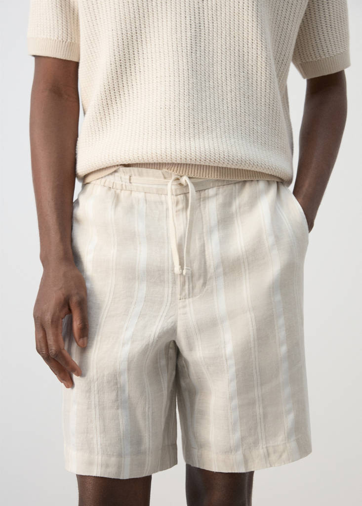 Striped linen-blend Bermuda shorts — Ecru