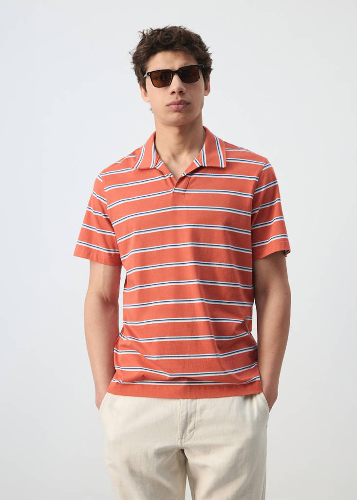 Regular-fit striped piqué cotton polo shirt — Salmon