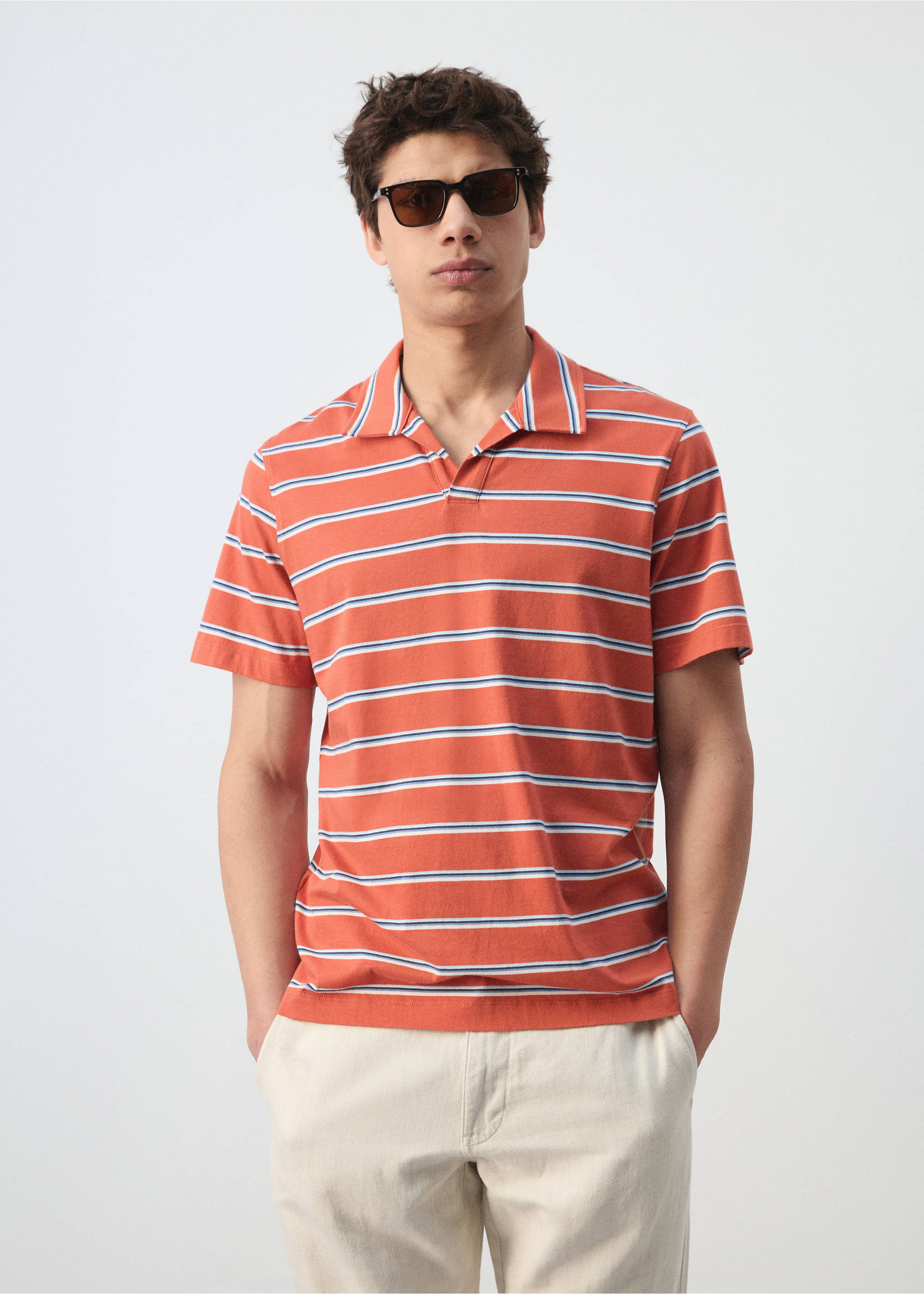 Regular-fit striped piqué cotton polo shirt - Medium plane, Salmon. Ref: 27029208-00.