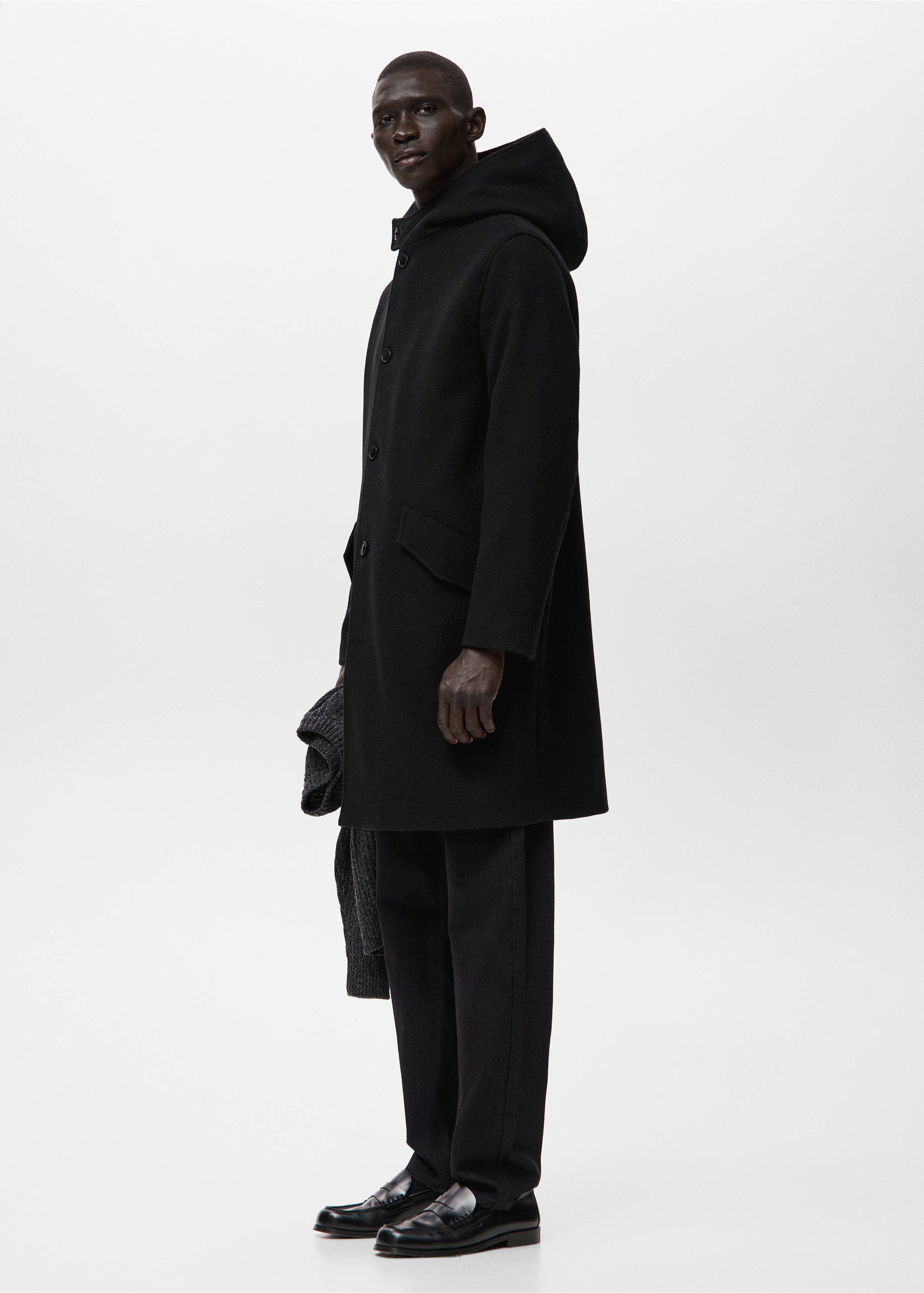 Wool blend hooded coat - Details of the article 2, Black. Ref: 27031180-00.