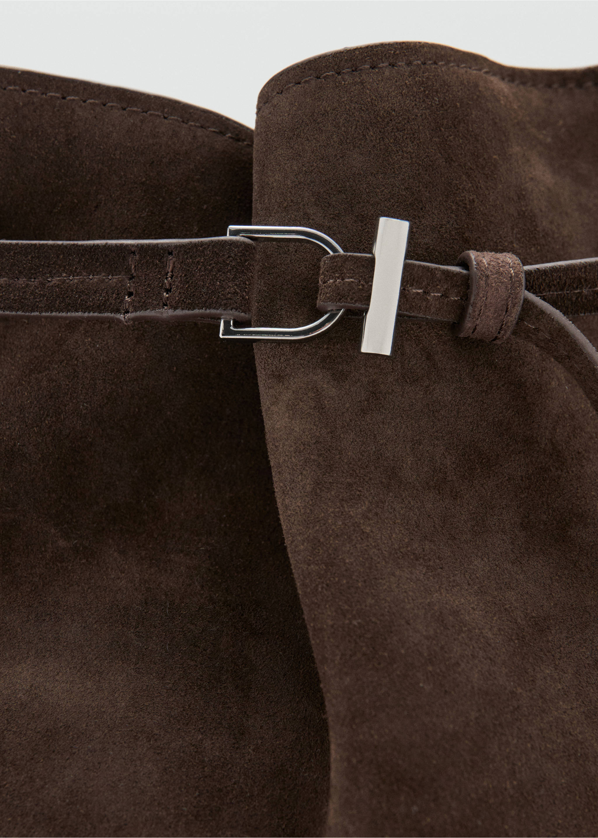 Suede bucket bag with buckle - Details of the article 1, Chocolate. Ref: 27031212-00.