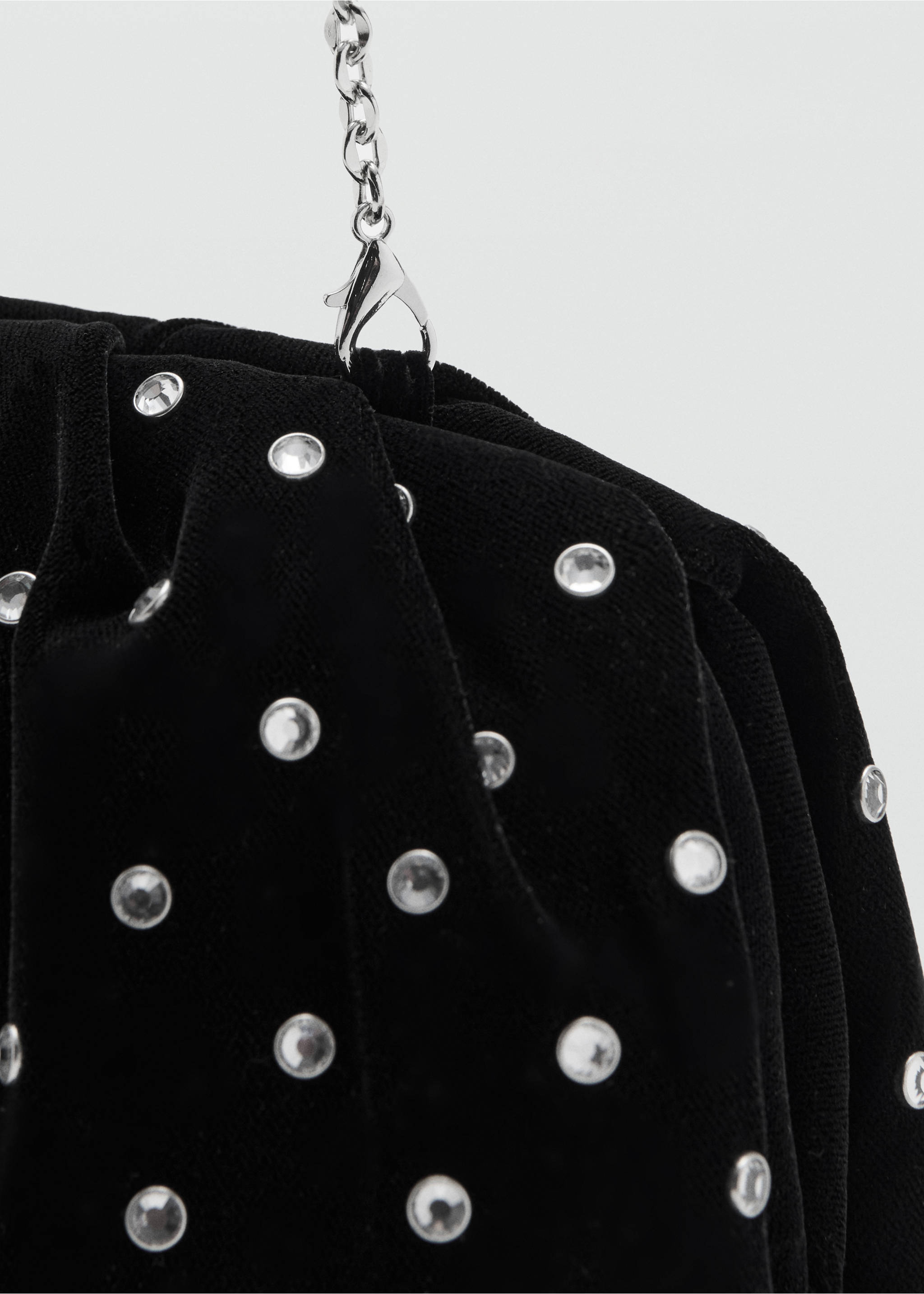 Velvet clutch with rhinestones - Details of the article 2, Black. Ref: 27031236-00.