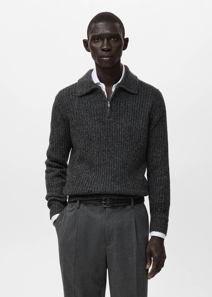 Wool-blend zip-up polo jumper — Dark Heather Grey