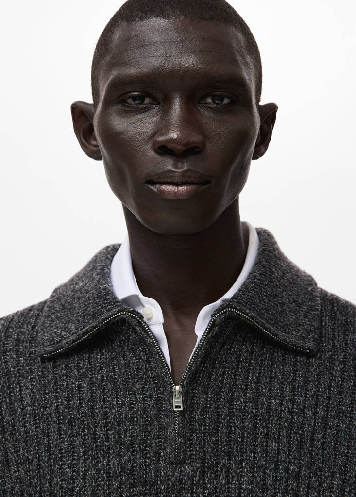 Wool-blend zip-up polo jumper — Dark Heather Grey