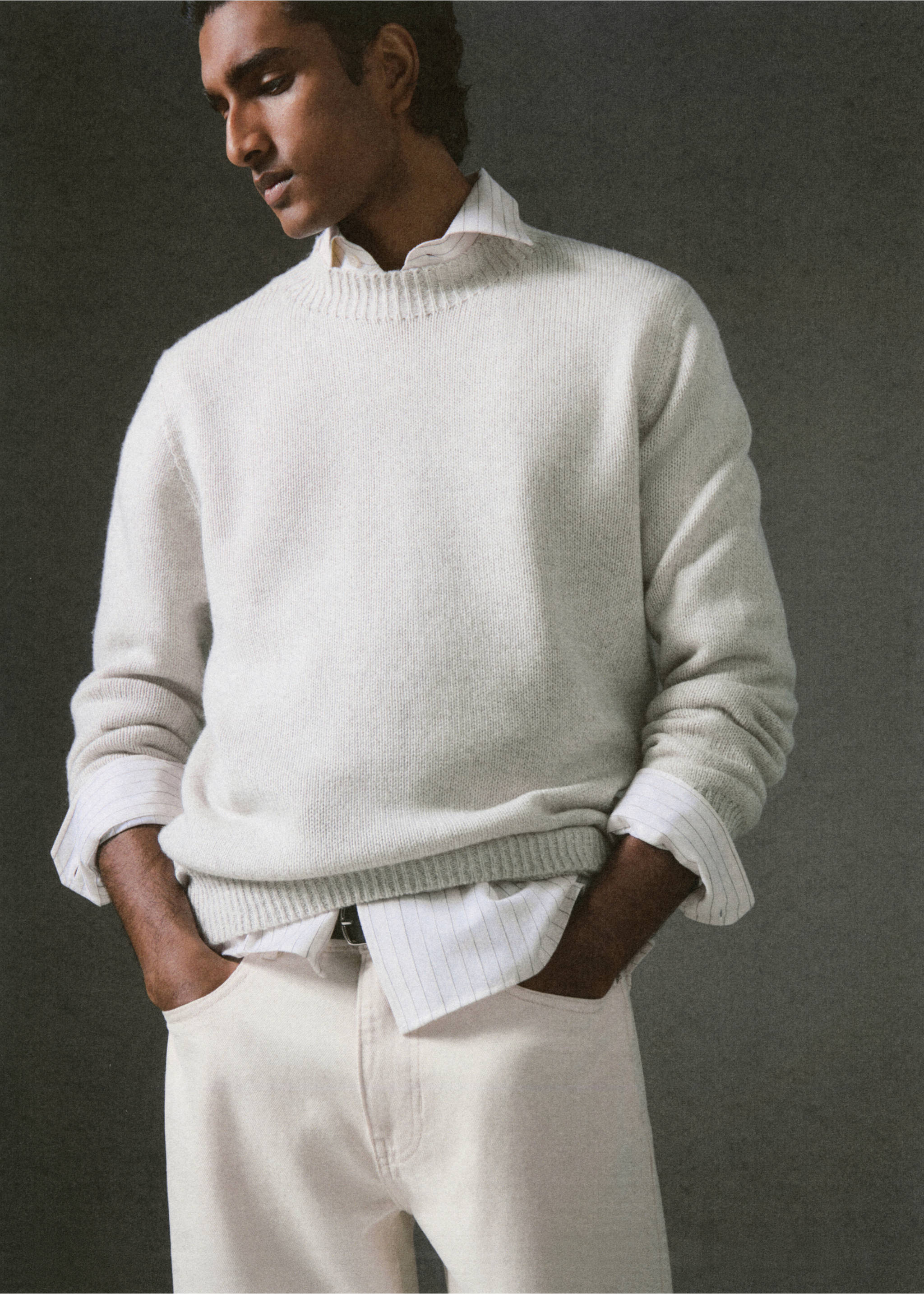 Ribbed-neck wool-blend sweater - Details of the article 5, Ecru. Ref: 27031255-00.