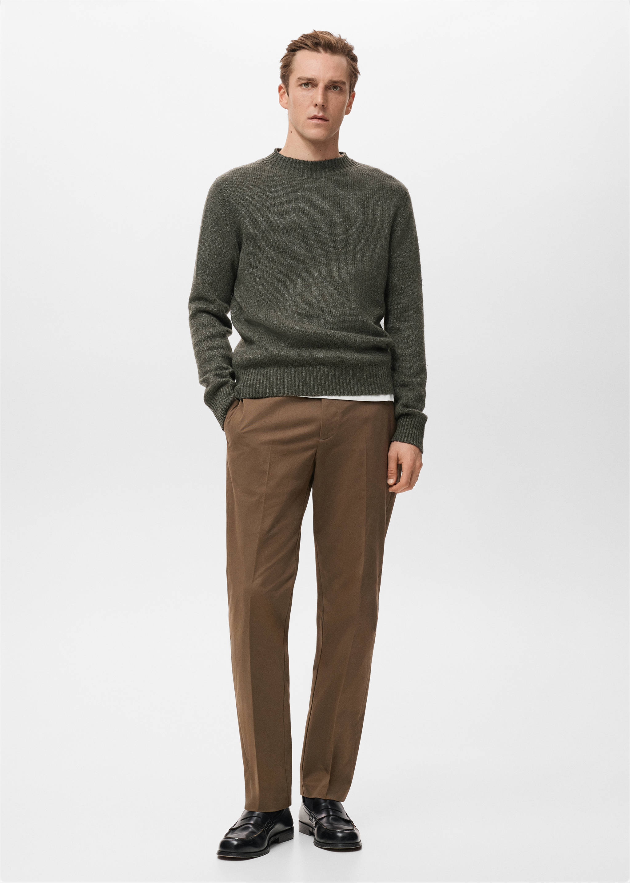 Ribbed-neck wool-blend sweater - General plane, Khaki. Ref: 27031255-00.