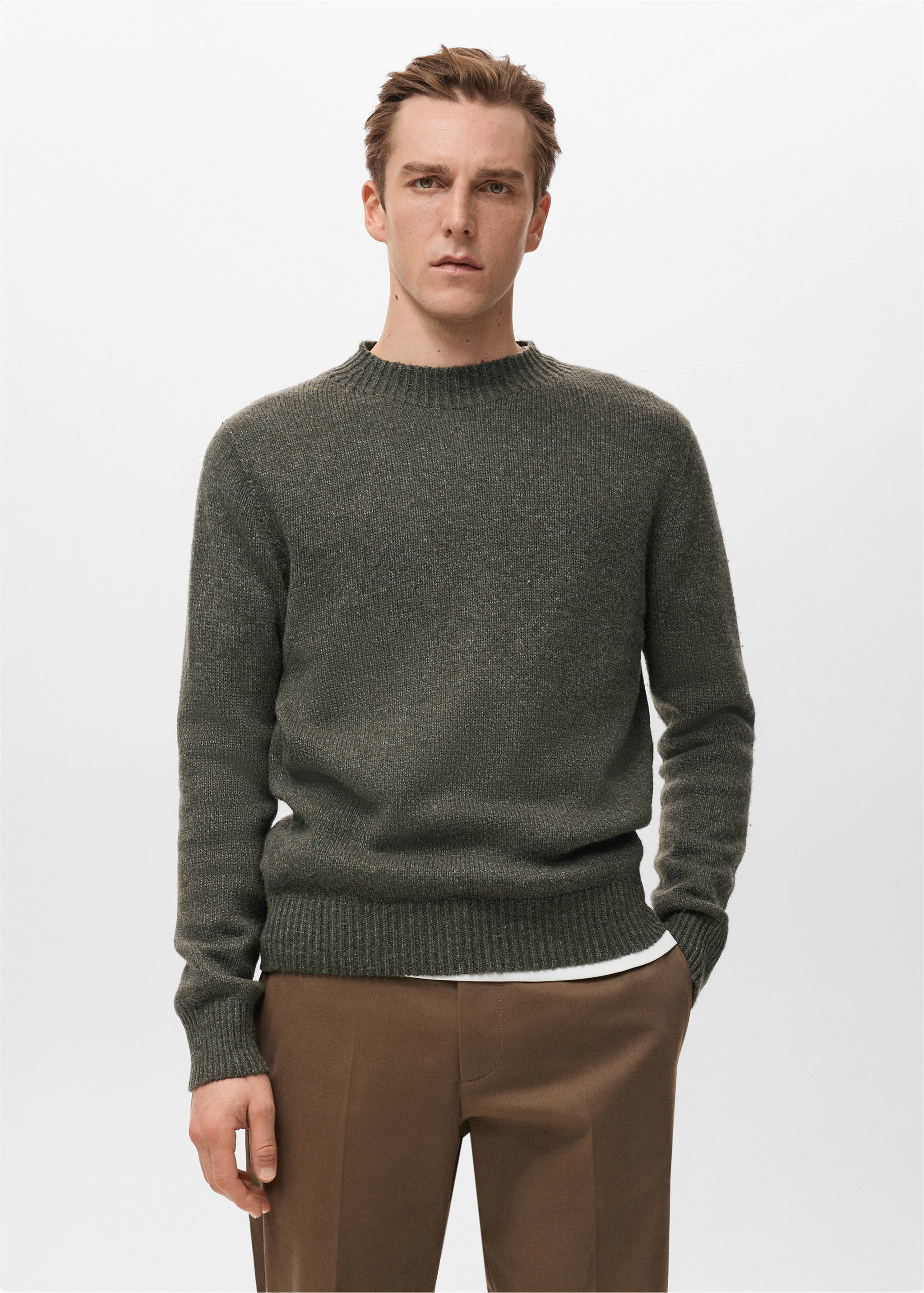 Ribbed-neck wool-blend sweater - Medium plane, Khaki. Ref: 27031255-00.