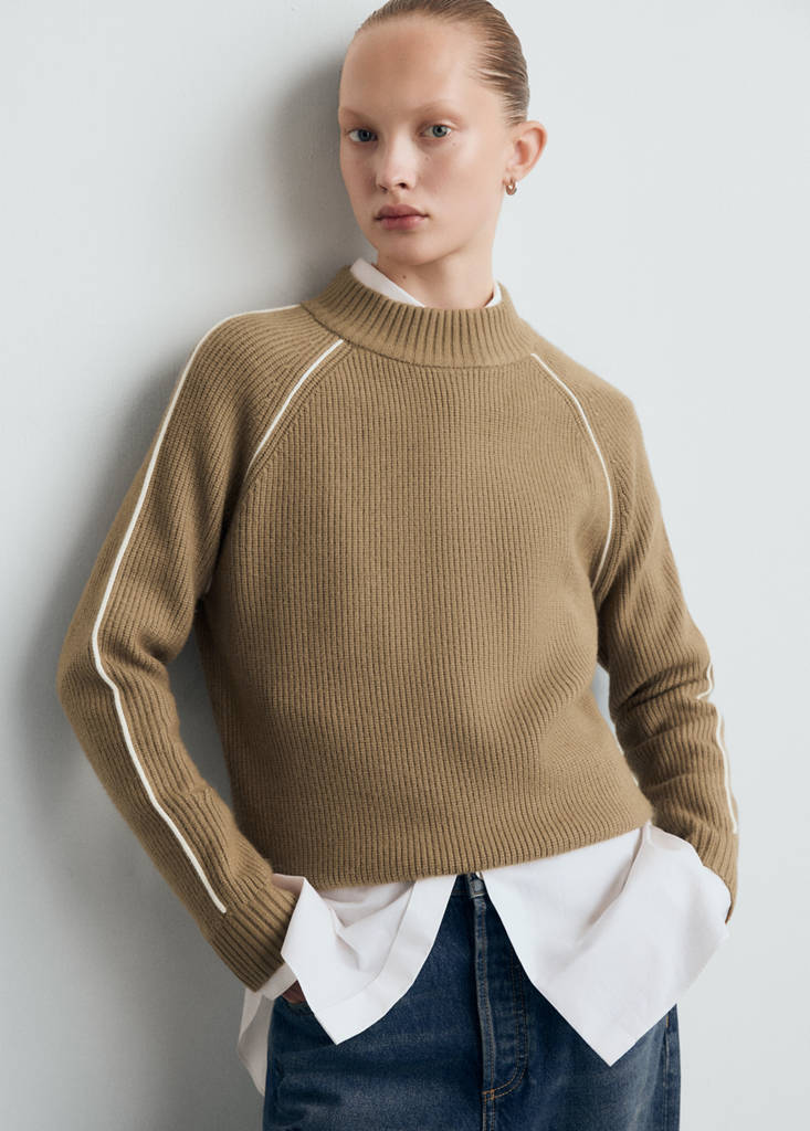 Sweater with contrasting stripes and perkins collar — Medium Brown