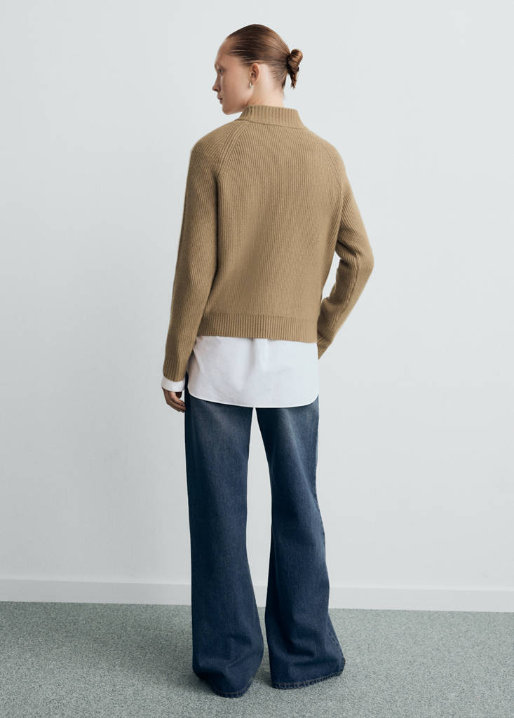Sweater with contrasting stripes and perkins collar — Medium Brown
